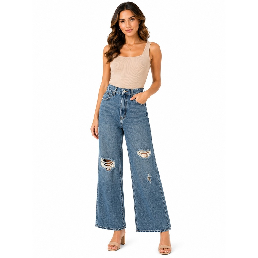 Cider Medium Wash Distressed Wide Leg Jeans High Rise Ripped Denim Womens Medium